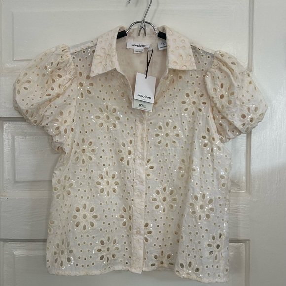 Desigual Cream Sequin Eyelet Puff Sleeve Blouse, size L - Picture 7 of 10